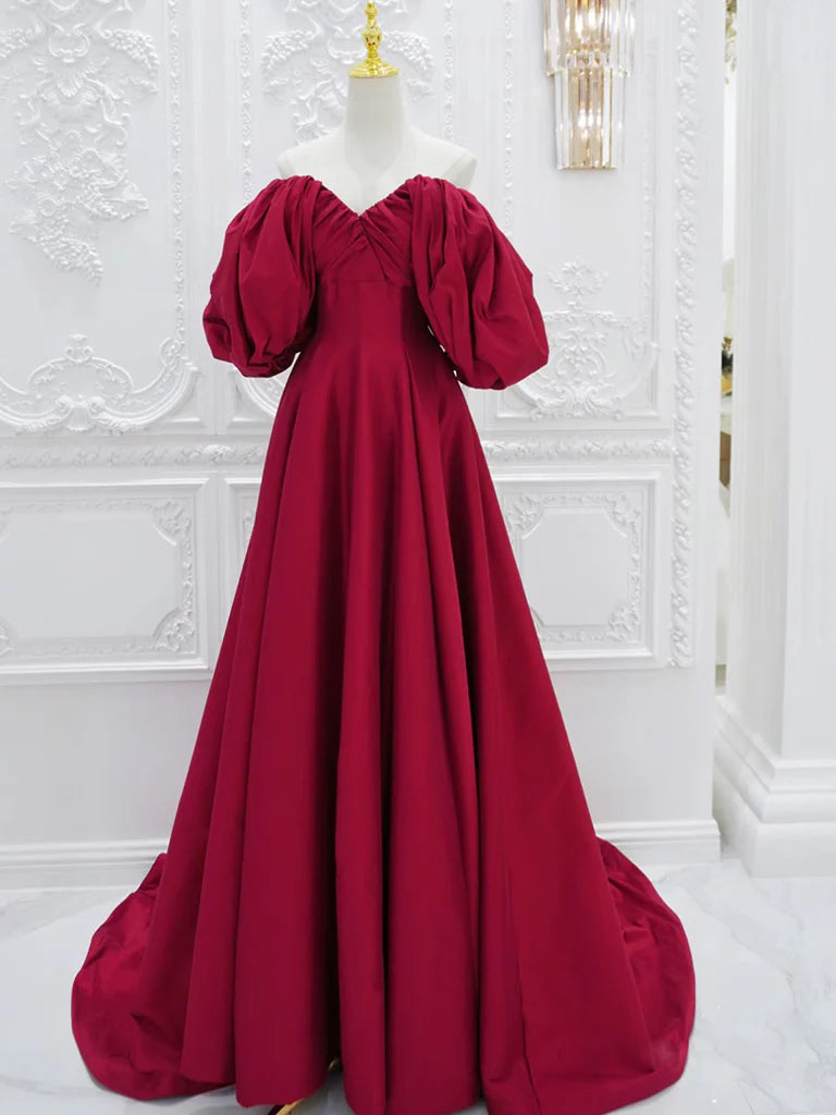 Affordable Women's Apparel Vintage Style Clothing Sale Amzcw Red V Neck Satin Long Prom Dress Red Puff Sleeves Satin Long Formal Dress prom dresses shops