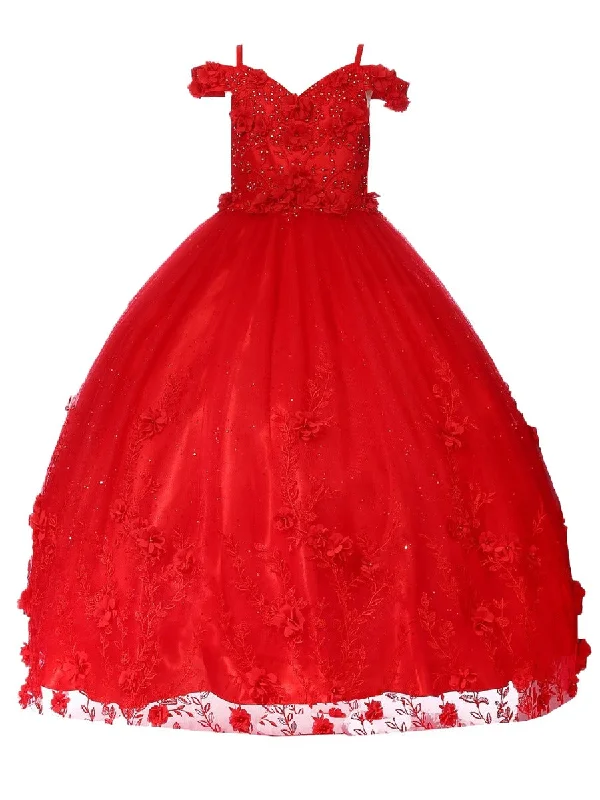 Women's Night-Out Clothes Redefining Women's Fashion Bliss Big Girls Red Sweetheart Off Shoulder 3D Floral Ball Gown 8-16