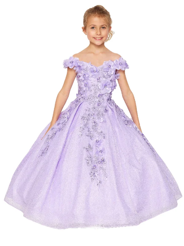 Women's Clothes For Special Occasions Women's Fashion Hotspots Bliss Little Girls Lilac 3D Floral Applique Off Shoulder Ball Gown 2-6