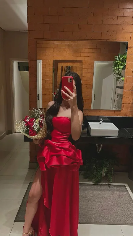 Women's Vacation Outfit Set Gift Ideas Red Long Evening Dress Sleeveless Sexy Formal Dress     S7034