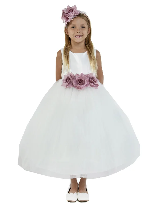 Women's Party Outfit Chic Outfits Little Girls White Dusty Rose Floral Satin Flower Girl Dress 2-6