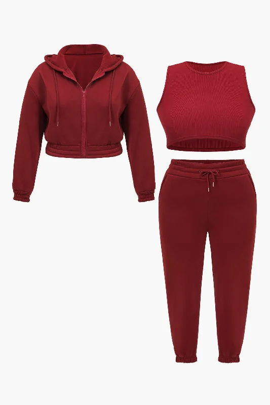 Women's Clothing Sets Seasonal Trend Plus Size Solid Tie Front Hoodie And Tank Top And Trousers Set