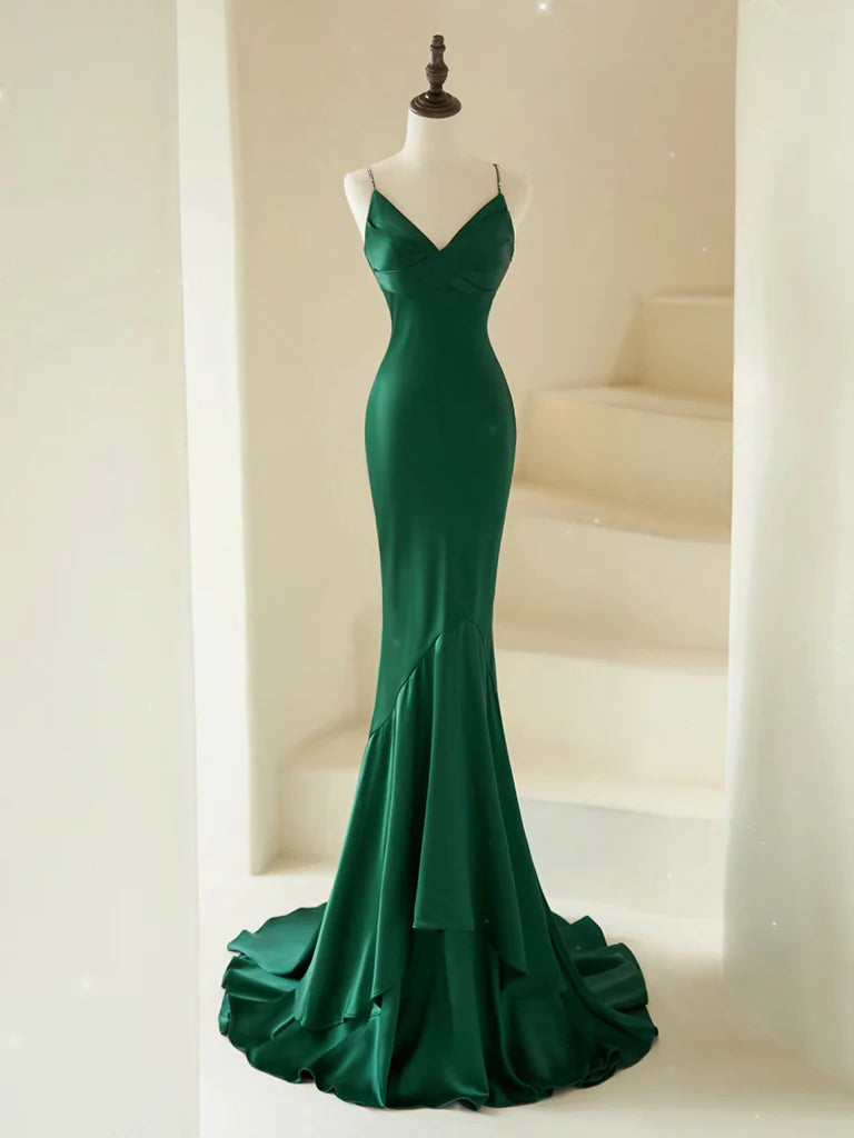 Women's Trendy Apparel Signature Style Essentials Amzcw Mermaid V Neck Satin Green Long Prom Dress Green Satin Long Formal Dress prom dresses shops ﻿