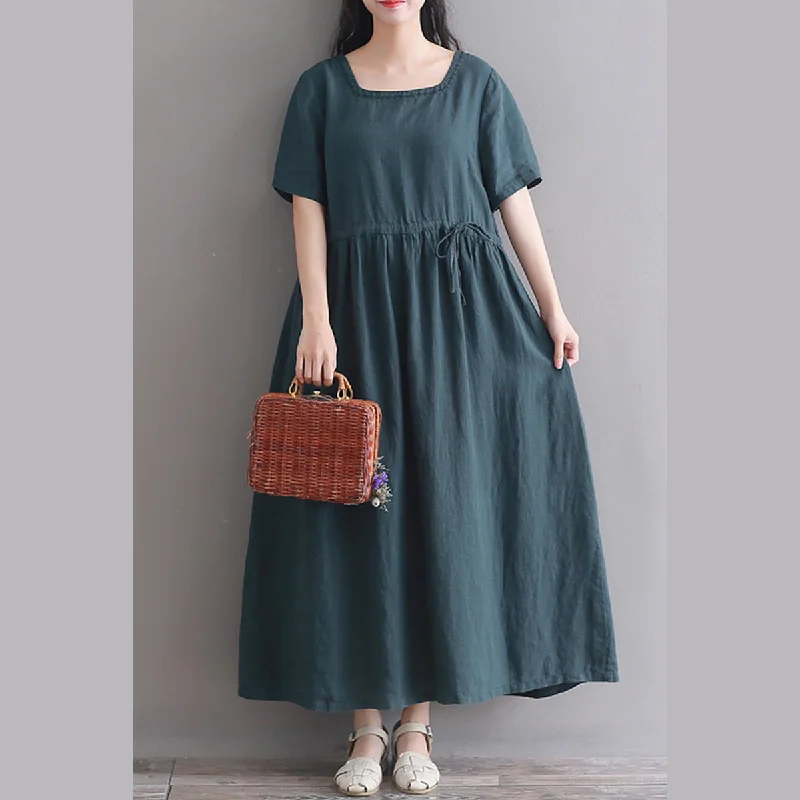 Women's Sporty Chic Clothes Chic Styles Fine blackish green long linen dresses oversize Square Collar short sleeve linen gown vintage Extra large hem caftans