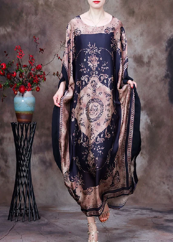 Women's Travel Apparel Fashion Forward Femme Modern Chocolate O-Neck Print Silk Long Dress Gown Batwing Sleeve