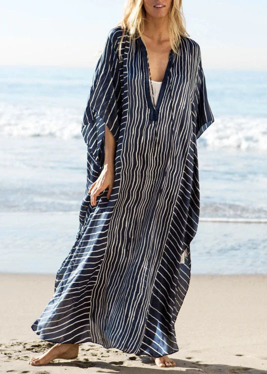 Women's Evening Clothes Quality Wear DIY Blue Striped side open Beach Gown Vacation Summer Chiffon Dress