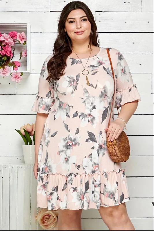 Women's High-Fashion Outfit Vibrant Femme Fashion Dress - Floral print with ruffle sleeves and hemline, Pink, Plus Size