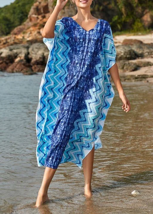 Sustainable Women's Apparel Elegant Attire For The Modern Lady Handmade Blue Print V Neck Beach Gown Summer Maxi Dresses