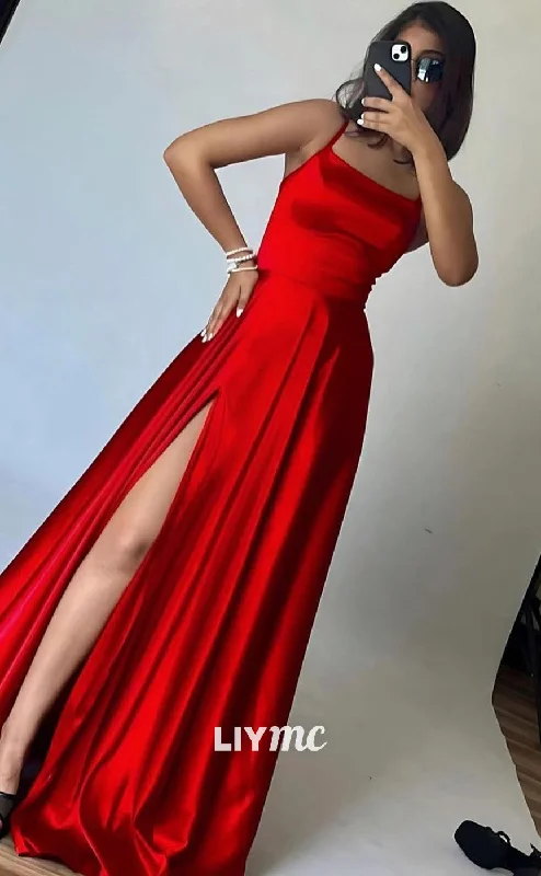 Women's High-Fashion Outfit Graceful Cut LP1955 - Scoop Spaghetti Straps Lace-Up A-Line Pleated High Slit Sleek Satin Prom Dress