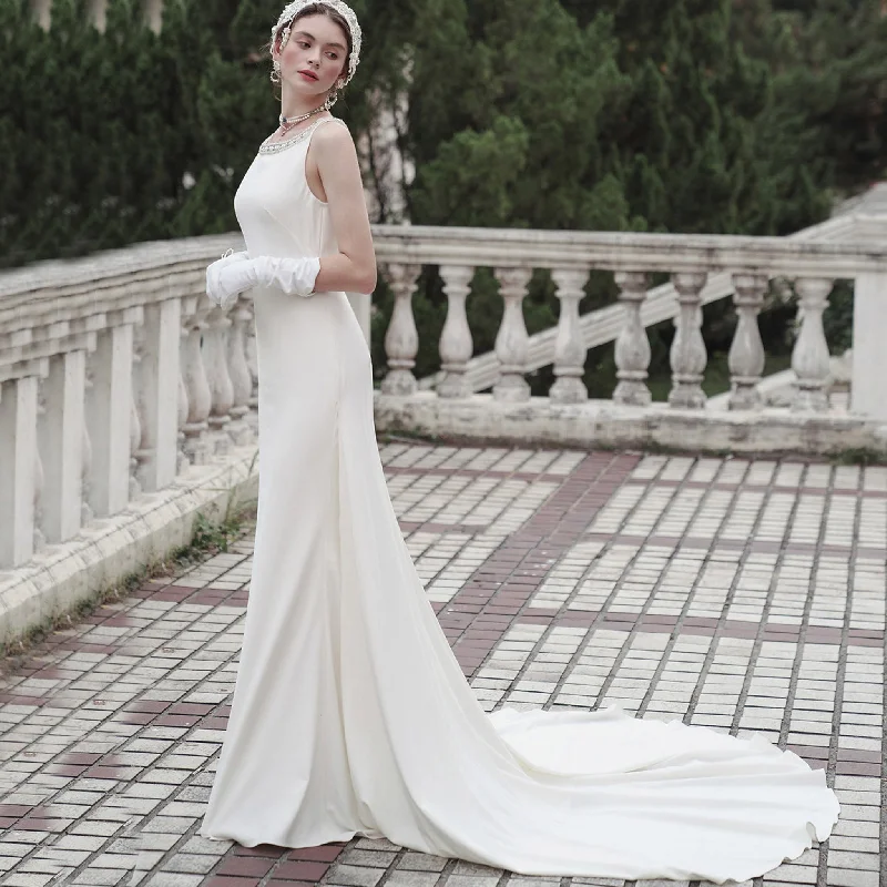 Fashion-Forward Women's Clothing The Latest Trends Unique Scoop Neckline Soft Satin Fit and Flare Wedding Dresses