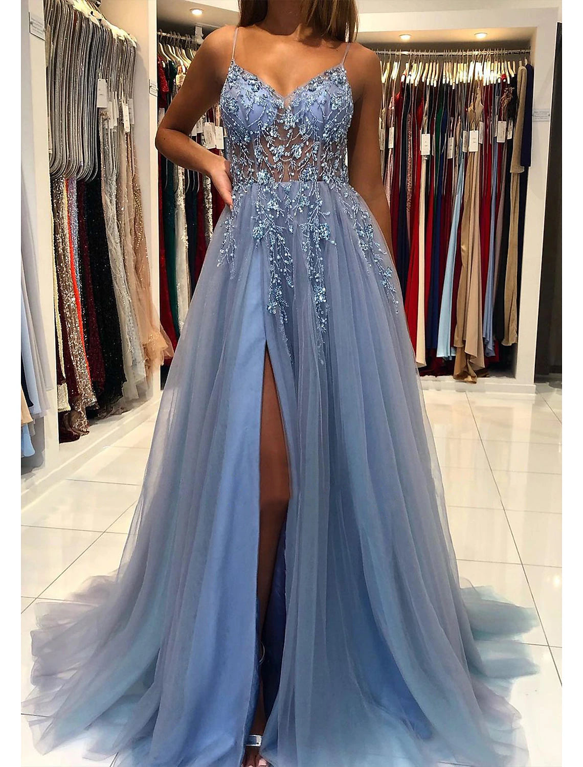 Women's Floral Print Outfit Sale Event, Prices Rock A-Line Prom Party Dress Princess Dress Formal Prom Court Train Sleeveless V Neck Tulle with Beading