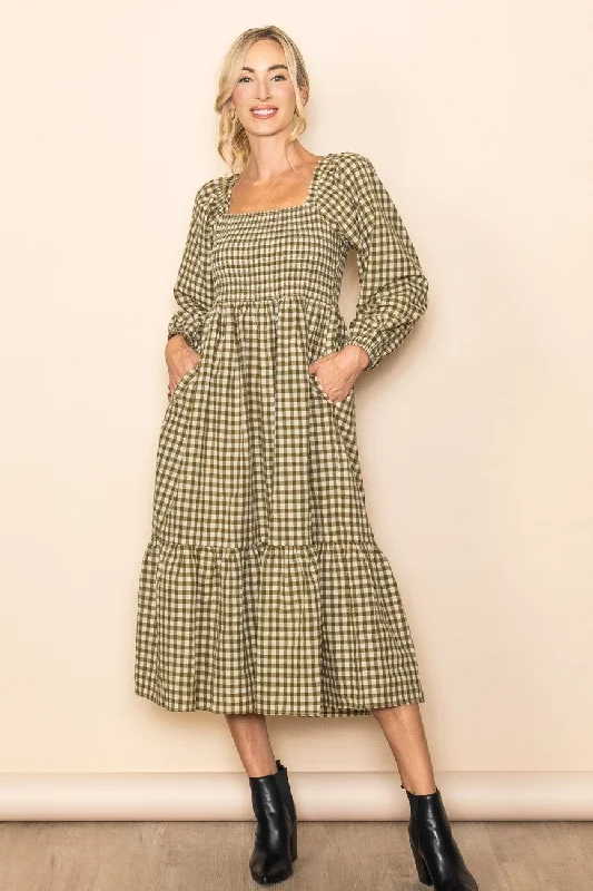 Women's Office Attire Elegant Simplicity Wardrobe Olive Gingham Long Sleeve Midi Dress