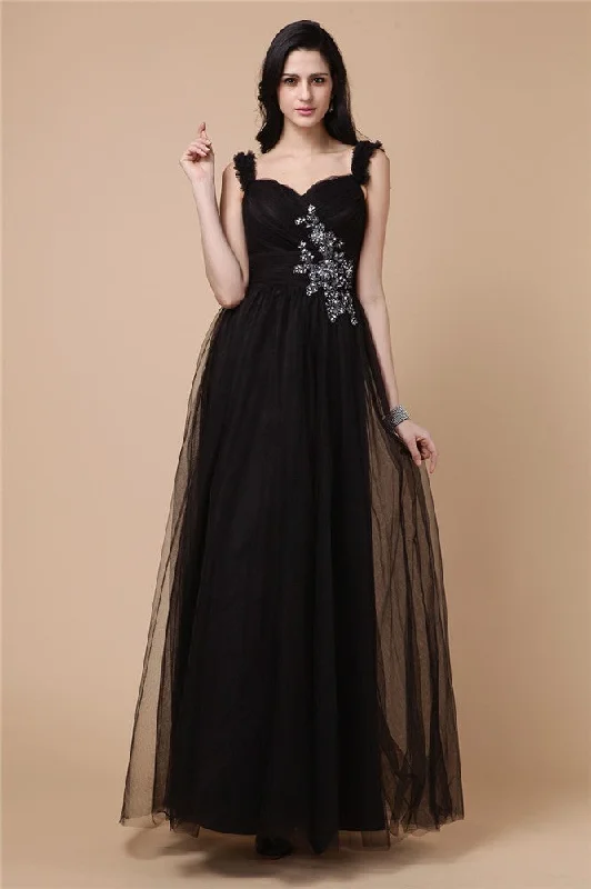 Women's Evening Clothing Minimalist Elegant A-Line/Princess Straps Sleeveless Beading Applique Net Dresses