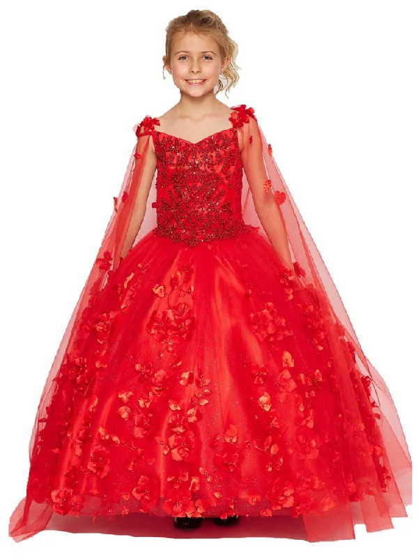 Affordable Women's Clothing Chic Style, Always In Vogue Bliss Little Girls Red 3D Stone Pearl Sweetheart Floral Cape Ball Gown 2-6