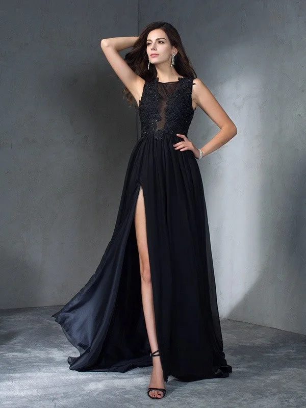 Affordable Women's Clothes Limited-Time Offer A-Line/Princess Scoop Applique Sleeveless Long Chiffon Dresses