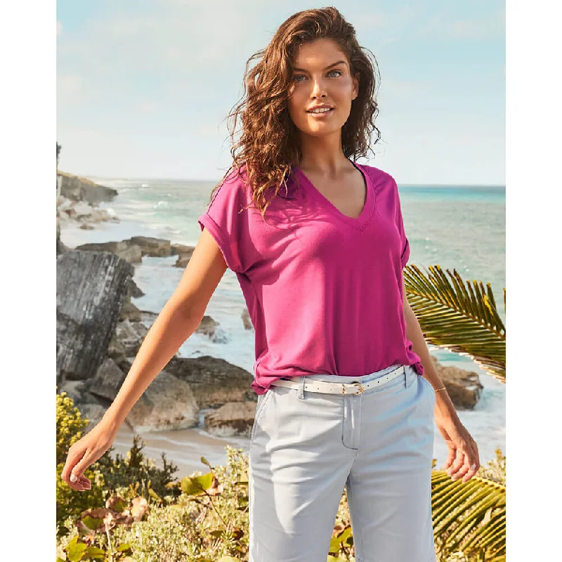 Women's Luxury Apparel Limited - Edition Drops Tommy Bahama Women's Kauai Jersey V-Neck T-Shirt - Pineapple Pink