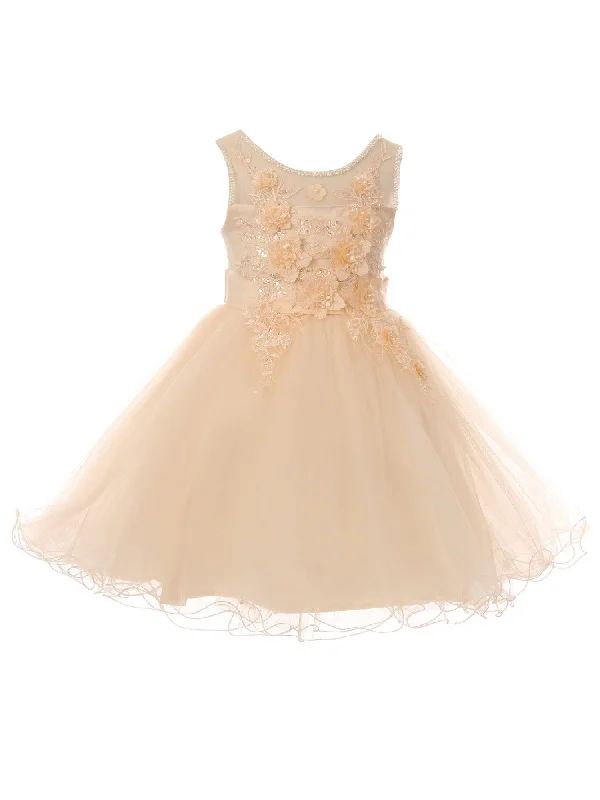 Women's Travel Outfit Set Premium Style Little Girls Champagne 3D Floral Sequin Wired Tulle Flower Girl Dress 2-6