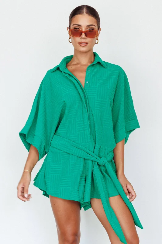 Women's Clothes And Apparel Flash Sale, Don'T Miss Daytona Beach Button-Up Romper Textured Green