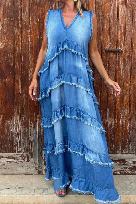 Women's Night-Out Clothes Crazy Price Slashing Gradient Frayed Denim Unusual Tiered Maxi Dress