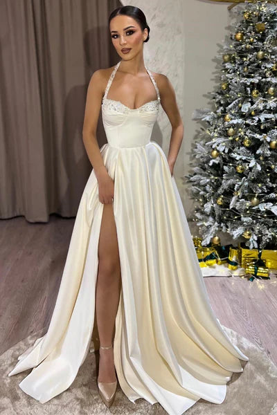 Plus-Size Women's Garments Chic Trends For The Fashion Savvy A-Line Prom Dresses Ivory Halter Sleeveless Long Split with Beadings