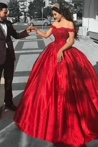 Women's Outdoor Attire Fashion-Forward Style Ball Gown Off the Shoulder Red Satin Lace up Quinceanera Dresses with Appliques