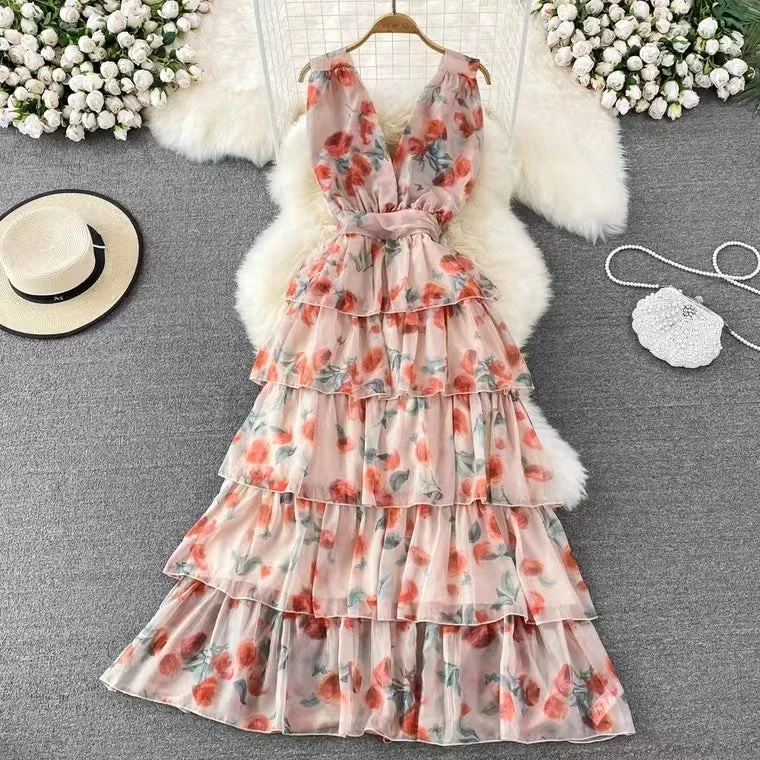 Women's Night-Out Clothes Latest Fashion V-neck Flower Dress, Gentle Cake Dress, Sweet Waist Sleeveless A-line Chiffon Dress    S4433