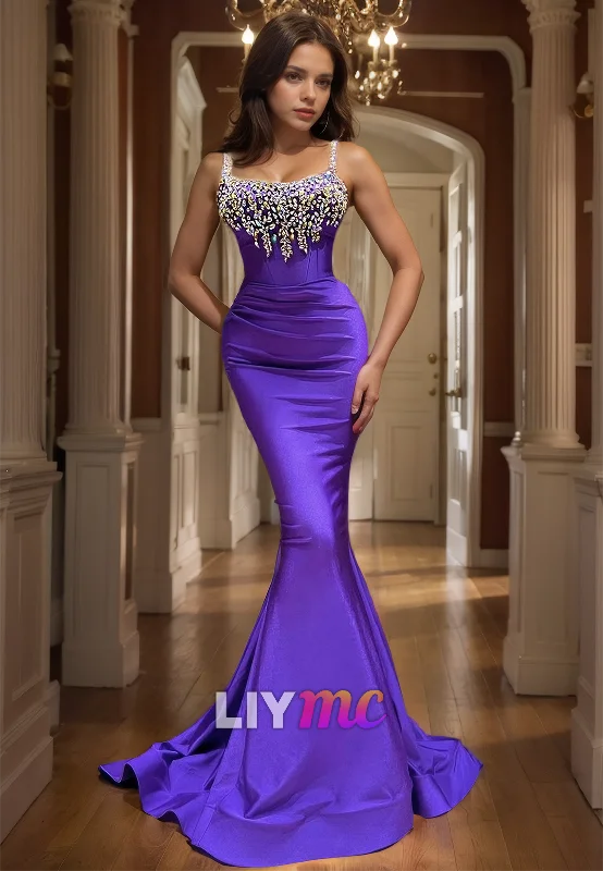 Women's High-End Clothing Vibrant Femme Fashion LP1052 - Spaghetti Straps Satin Beads Mermaid Formal Prom Dress