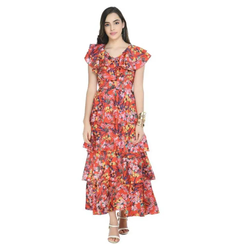 Elegant Women's Evening Garments All Season Fashion Collection A N Women's Crepe Orange Printed A-Line Gown Dress