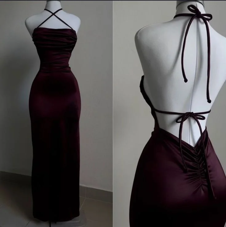 Women's Casual Wear Outfit Summer Fashion Elegant Sheath Halter Sleeveless Burgundy Satin Backless Prom Dresses Long Evening Dress          S6232