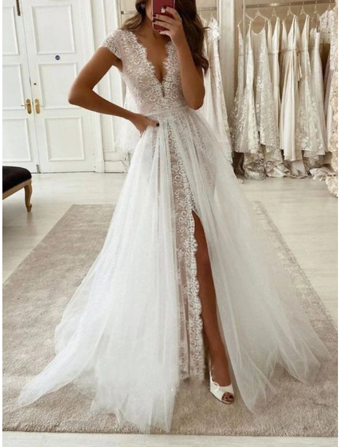 Women's Stylish Professional Garments Exclusive Sale Beach Formal Wedding Dresses A-Line V Neck Short Sleeve Sweep / Brush Train Lace Bridal Gowns With Pleats Split Front