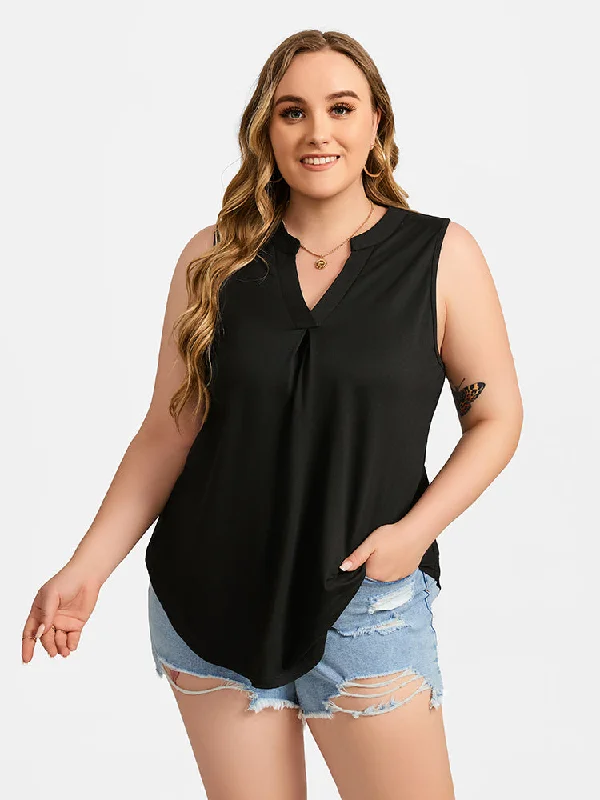 Women's Clothes Feminine Charm Plus Black V-Neck Notched Hem Tank Top