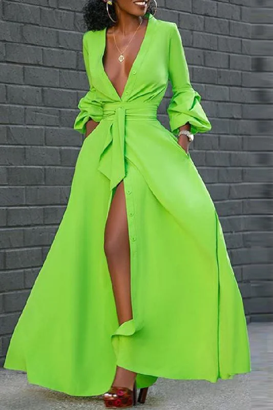 Women's Seasonal Clothes Trendy New Clothes Solid Color On-trend Deep V Neck Belted Maxi Dress