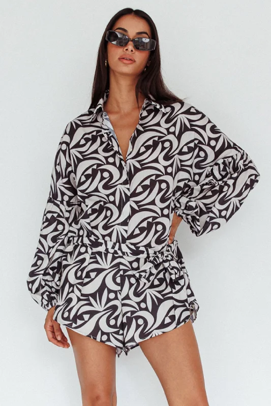 Affordable Women's Apparel Massive Savings Daytona Beach Long Sleeve Shirt Romper Print Black