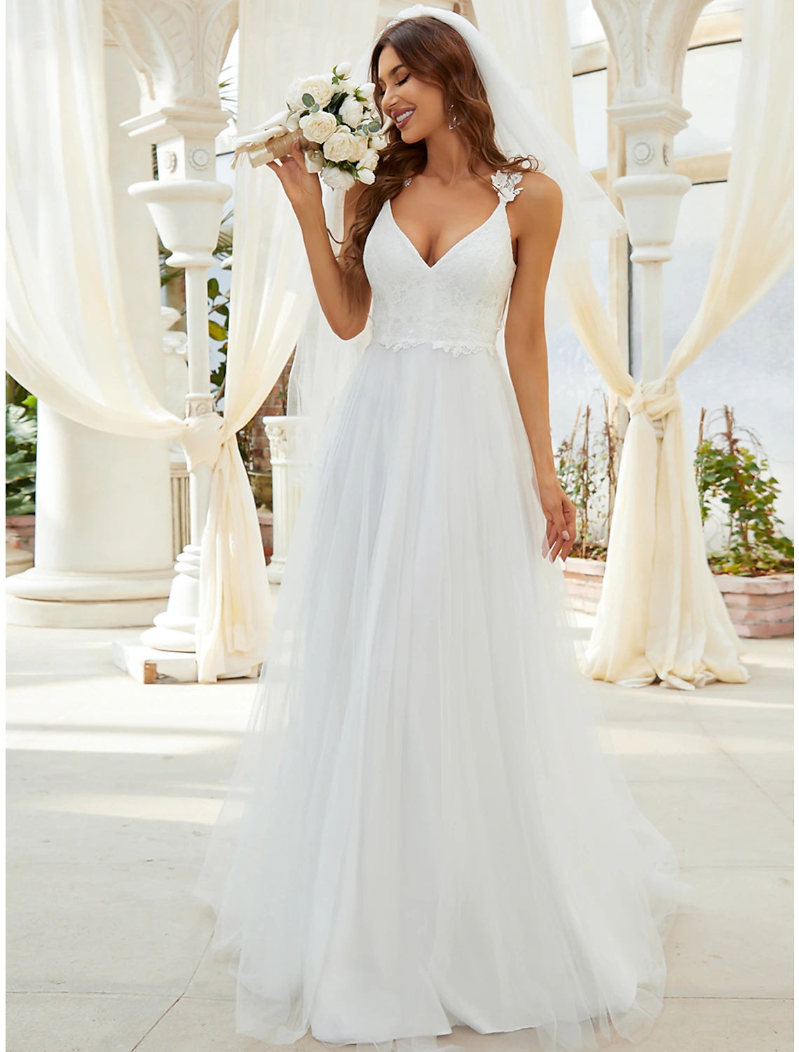 Women's Elegant Evening Attire Fresh Styles, Fresh Deals Reception Simple Wedding Dresses A-Line Sweetheart V Wire Regular Straps Sweep / Brush Train Tulle Bridal Gowns With Crystals Appliques