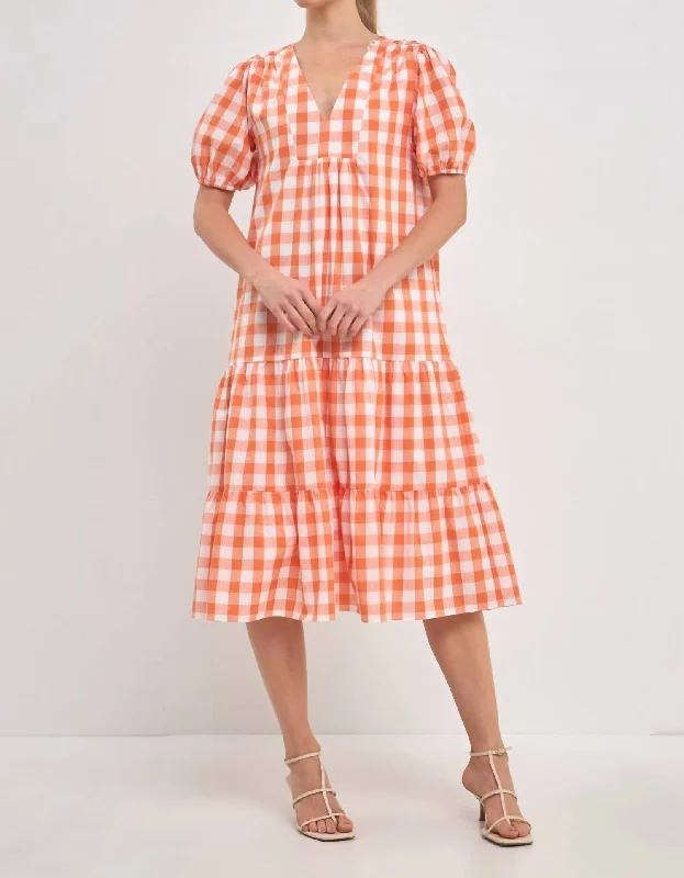 Stylish Outerwear Clothing For Women Sustainable Fashion Extravaganza Gingham Midi Dress In Orange