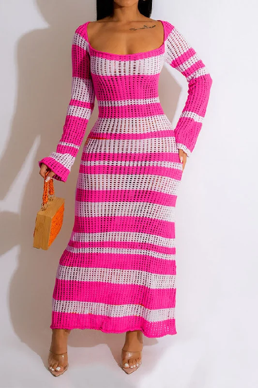 Women's Clothes For Outdoor Events Chic And Edgy Color Block Casual Hollow-Out Knitted Maxi Dress