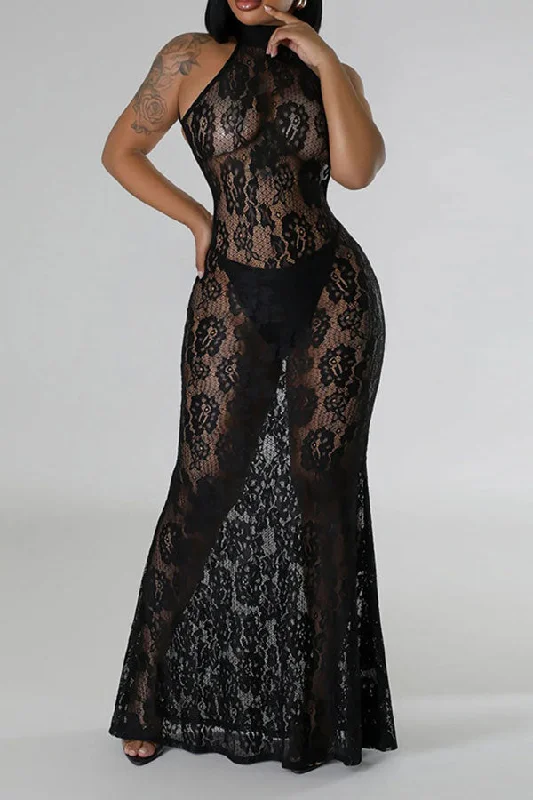 Women's Evening Apparel Discount Extravaganza Solid Color Lace Party Backless See-Through Maxi Dress