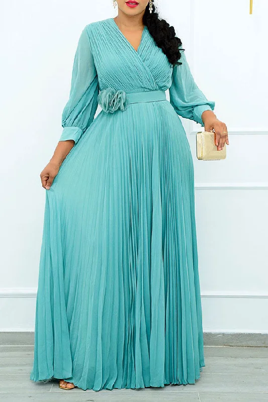 Women's Holiday Clothing Versatile Wardrobe Essentials Solid Color Pretty Pleated Swing Maxi Dress With Belt