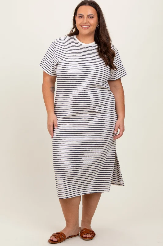 Women's Office Outfit Exclusive Designer Collection Navy Striped Short Sleeve Plus T-Shirt Midi Dress