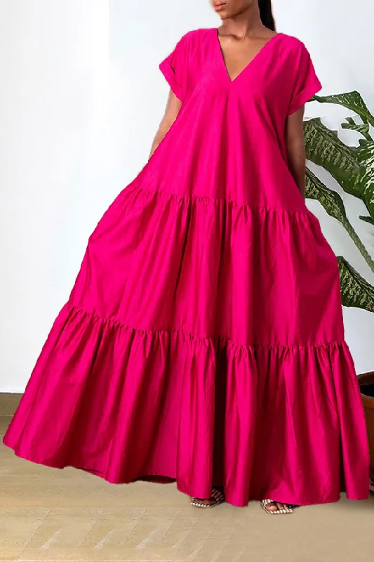 Women's High-Fashion Garments Flash Sale Solid Color V Neck Relaxed Tiered Maxi Dress