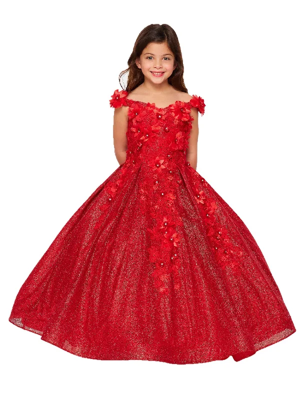 Modern Women's Clothes Fashion Frontiers Bliss Little Girls Red 3D Floral Applique Off Shoulder Ball Gown 2-6