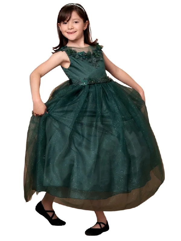 Women's Office Attire Formal Outfit Little Girls Hunter Green Illusion Neckline Floral Applique Glitter Tulle Dress 2-6