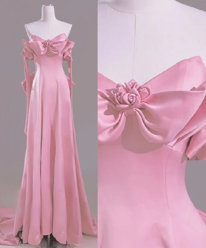 Women's Activewear Outfit Imeless Style Modest A Line Off The Shoulder Pink Satin Long Prom Dresses Evening Dress      S6269