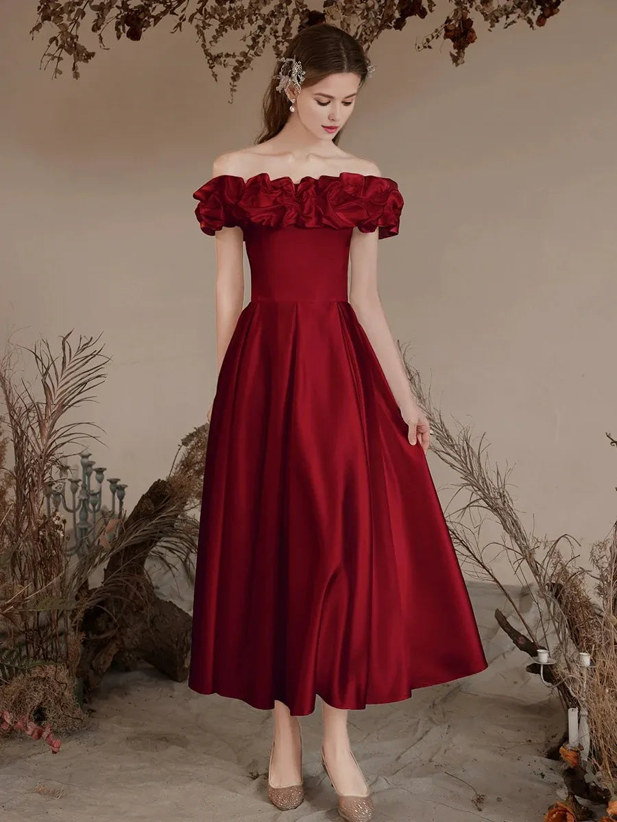 Women's Casual Apparel Versatile Style Wardrobe Amzcw A-Line Off Shoulder Satin Tea Length Burgundy Prom Dress Burgundy Formal Dress prom dresses shops