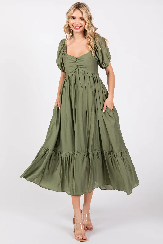 Comfortable Women's Attire Effortless Everyday Wear Olive Ruched Sweetheart Neck Tiered Midi Dress