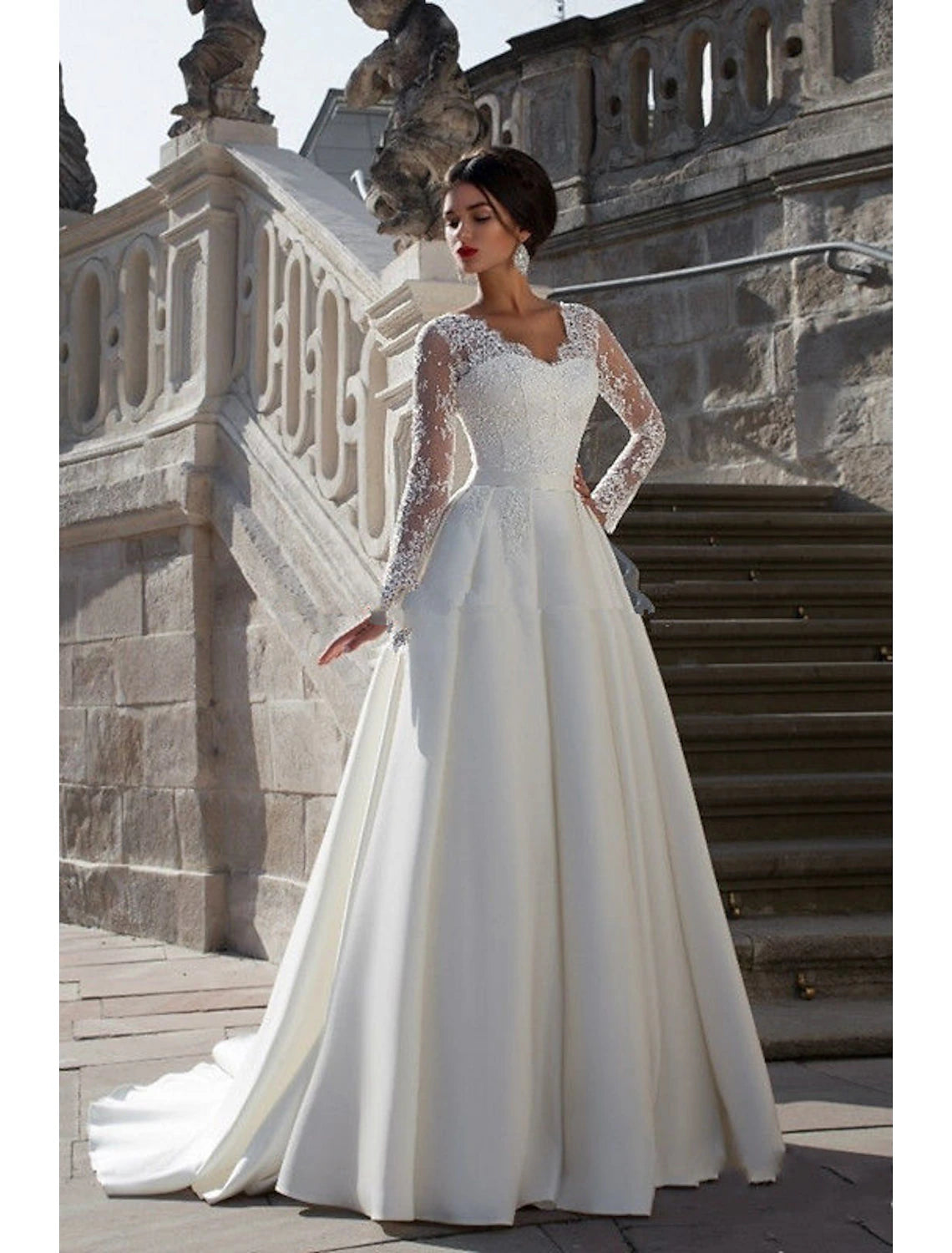 Chic Women's Garments Fashion For Every Occasion Engagement Formal Wedding Dresses A-Line V Neck Long Sleeve Court Train Satin Bridal Gowns With Appliques