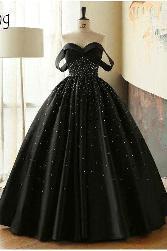 Women's Everyday Attire Minimalist Office - Ready Style Ball Gown Black Sweetheart Off the Shoulder Satin Beading Prom Quinceanera Dresses