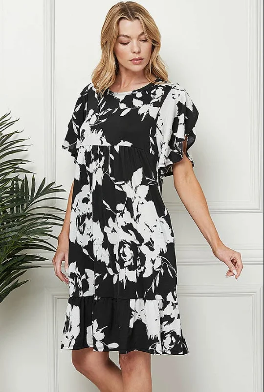 Women's Romantic Outfit Urban Femme Streetwear Dress - Floral contrast design, Black/white, Plus Size