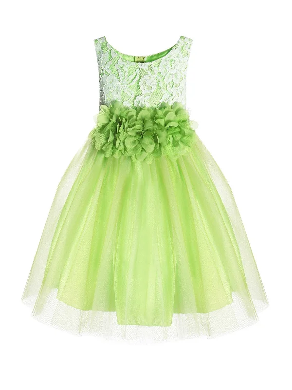 High-Fashion Women's Clothing Quality Wear Big Girls Green Floral Lace Tulle Junior Bridesmaid Dress 8-12