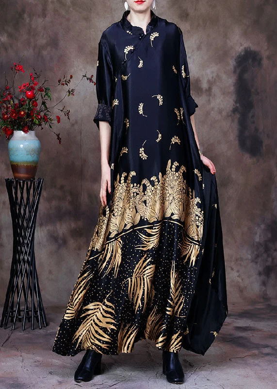 Women's Occasion Wear Apparel Chic Trends Unveiled Elegant Black Mandarin Collar Print Silk Long Dress Gown Long Sleeve